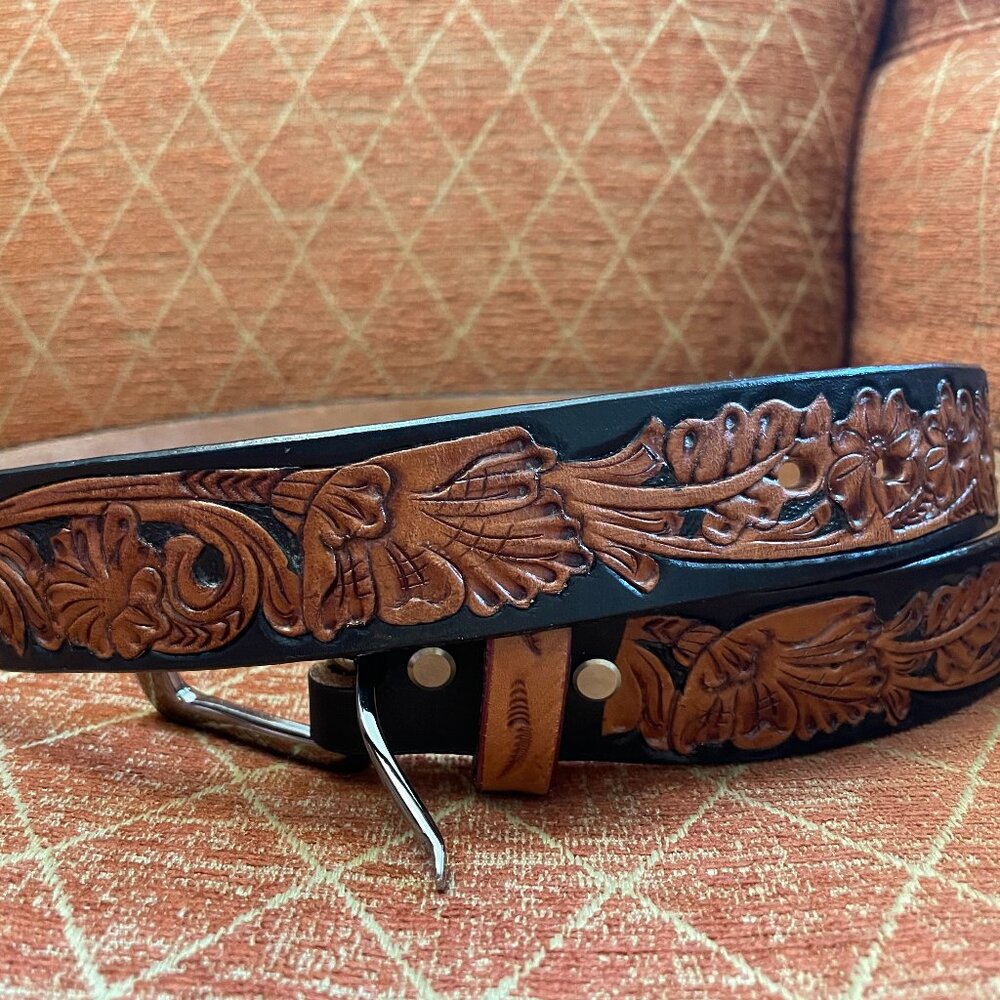 Western Leather Belt w/ Flora Embossed Design size 42